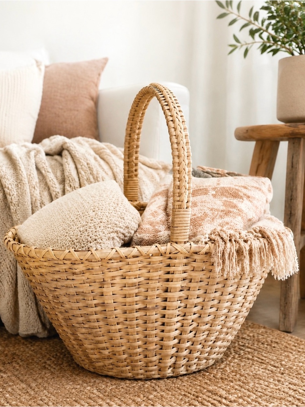 Handwoven Natural Wicker Picnic Basket with Handle